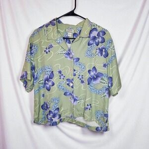 Tommy Bahama Silk Hawaiian Shirt | Green Purple Floral Camp Button Down | Size M